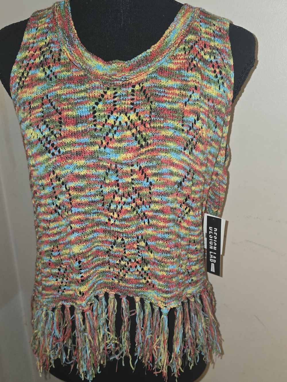 Design Lab Lord & Taylor Multicolor Knit Fringe Tank Top